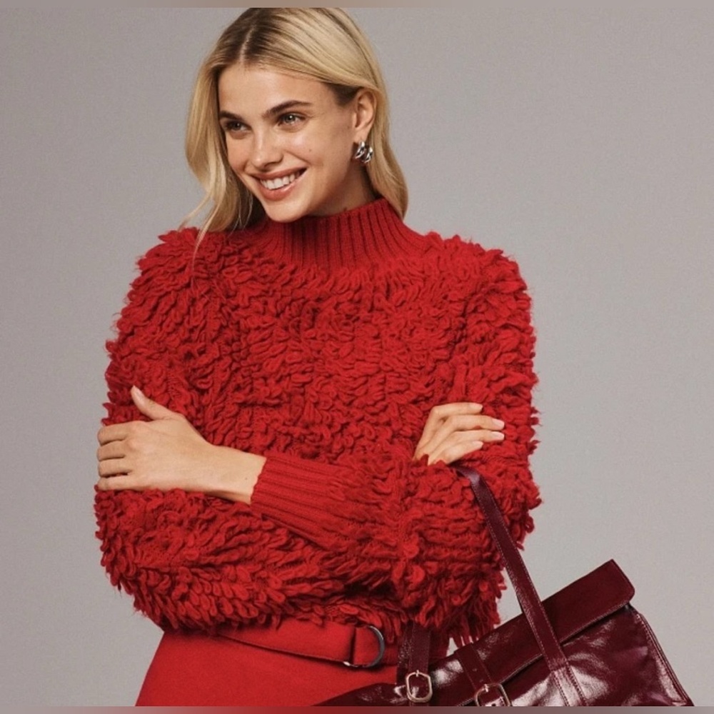 Anthropologie Maeve Callahan Mock Neck Loop Stitch Sweater Medium Red Crewneck M - Picture 10 of 10